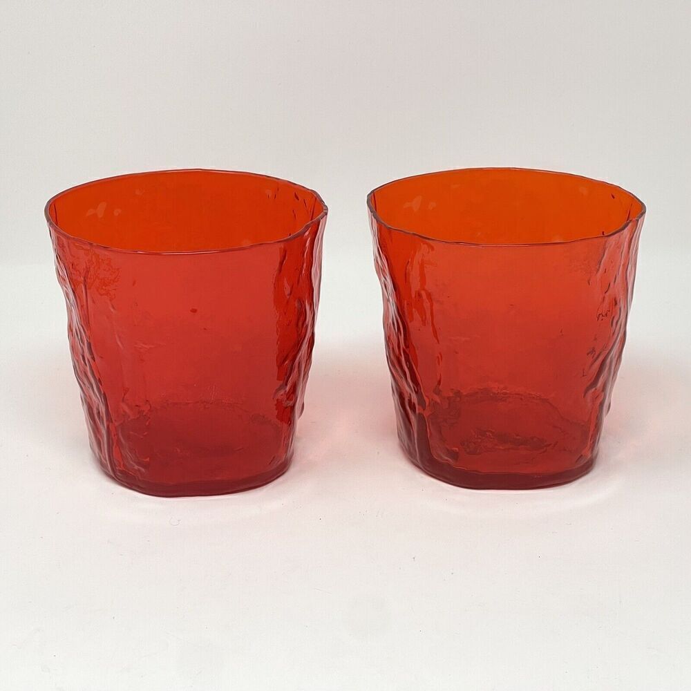Vintage Morgantown Crinkle Red Double Old Fashioned Glasses MCM 3.5” Set Of 2